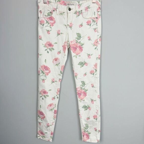 FREE PEOPLE | Retro Rose Floral Print Cream Slim Jeans Women’s Size 26 (2) - Picture 3 of 12